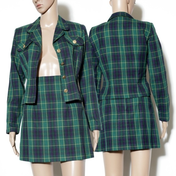 Vintage Clueless Green Tartan Plaid Skirt Set